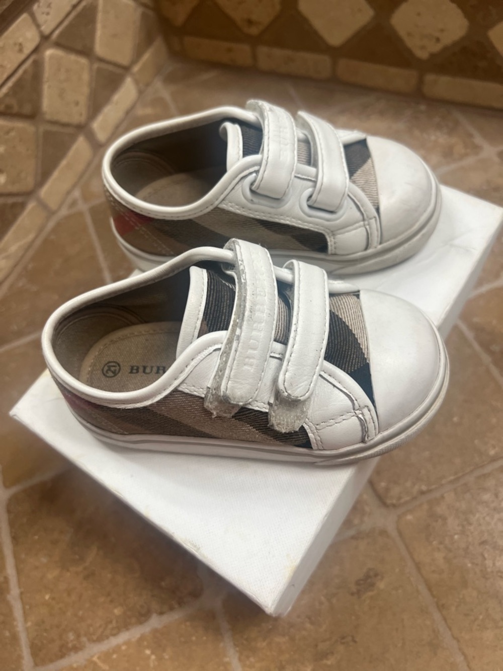 Burberry Beige Check & White Velcro Kids Sneakers